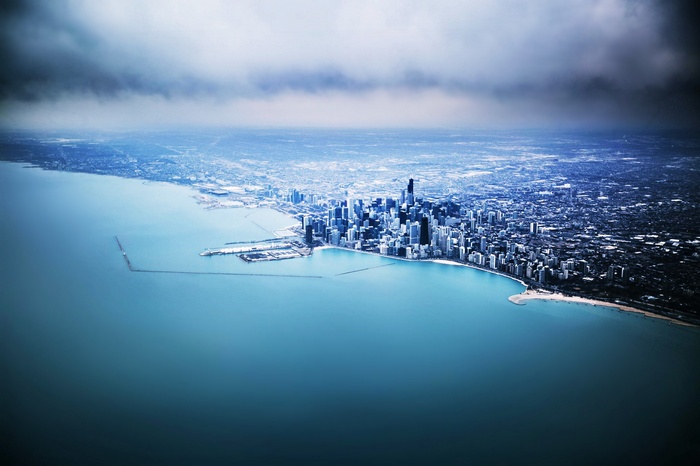 Aerial view of Chicago skyline along Lake Michigan