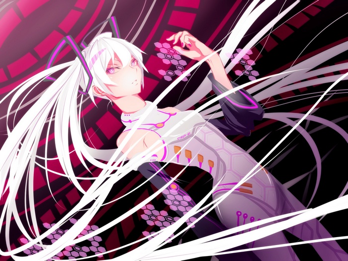 Hatsune Miku in a futuristic bodysuit with white twintails