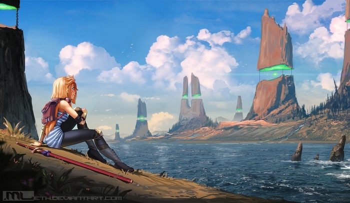 Anime girl with blonde hair and sword by the water