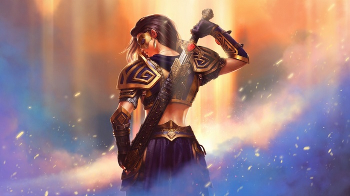 Woman warrior with sword and armor