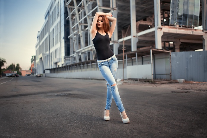 women, armpits, arms up, street, torn jeans, jeans, urban, high heels, Dmitry Shulgin, women outdoors, body lingerie, closed eyes, hips, redhead