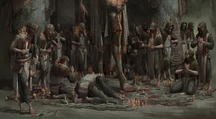 A cult gathers around a giant figure in a dimly lit chamber