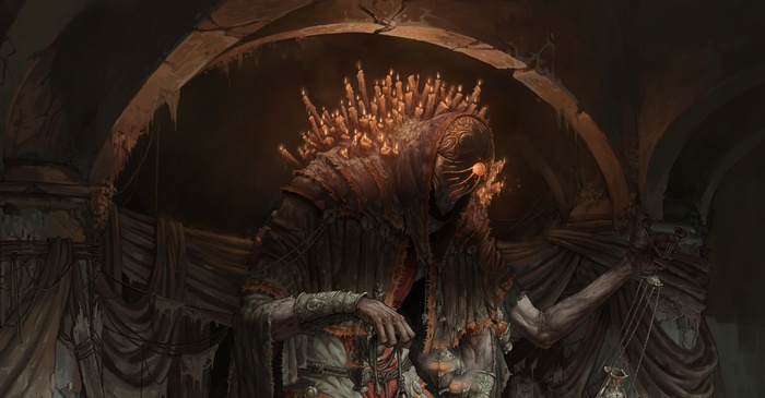 A creature with candles on its back in a dark room
