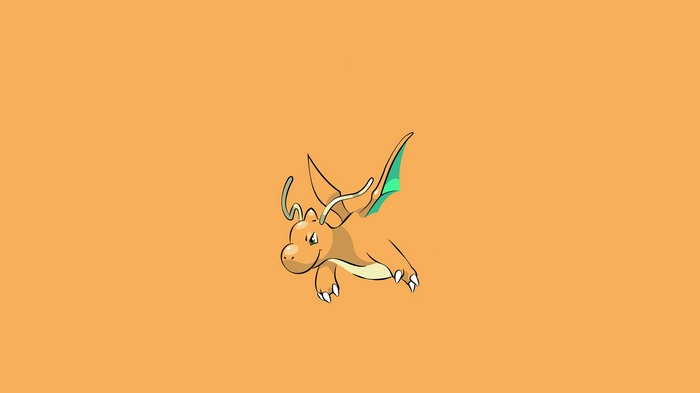 Dragonite Pokémon flying on orange background