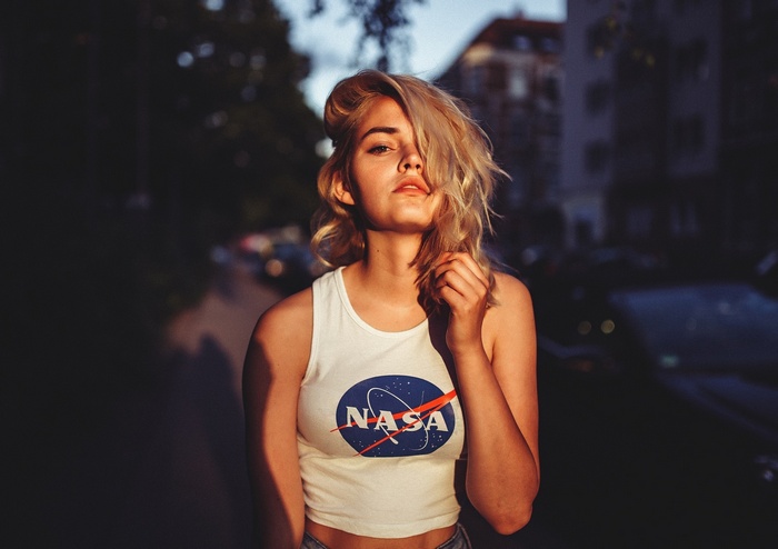 Rachel Ann Yampolsky wearing a NASA top on the street