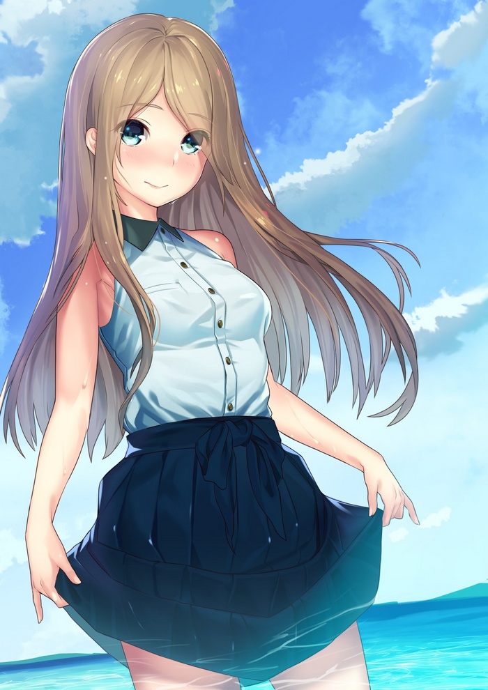 Anime girl with long hair and blue eyes at the beach