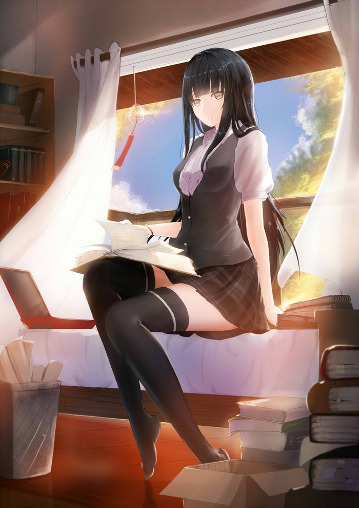 Anime girl with black hair reading a book