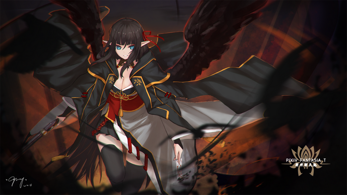 Pixiv Fantasia T Anime Girl with Black Wings and Sword