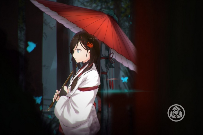 Anime girl with blue eyes and kimono holding umbrella