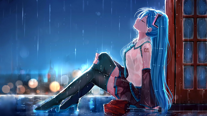 Hatsune Miku sitting in the rain at night