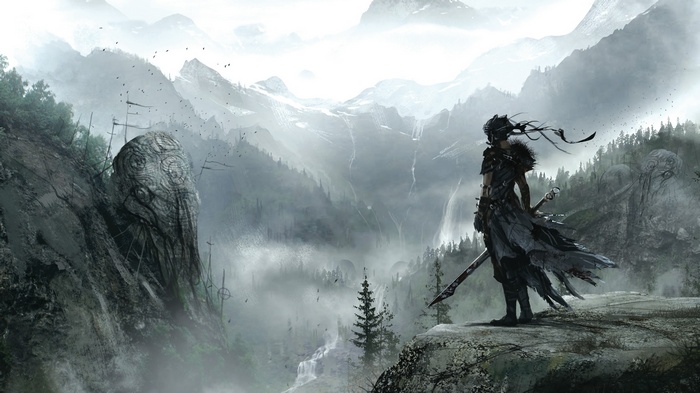 Hellblade video game character in misty mountains
