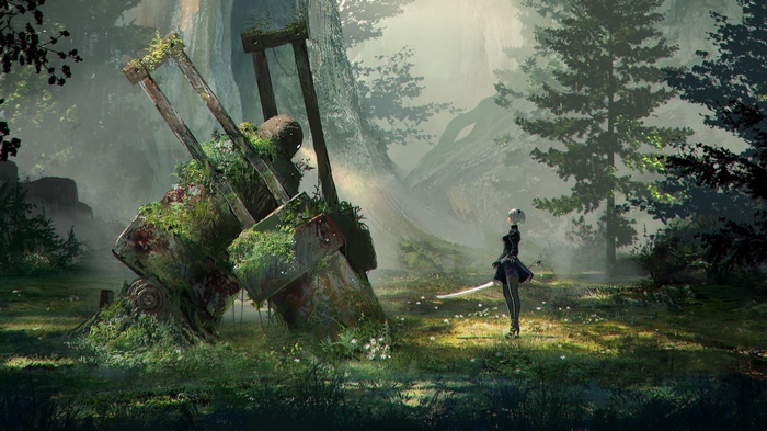 2B stands near a ruined structure in a forest