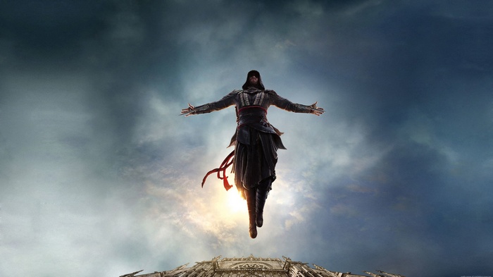 Assassin's Creed character leaping from a building