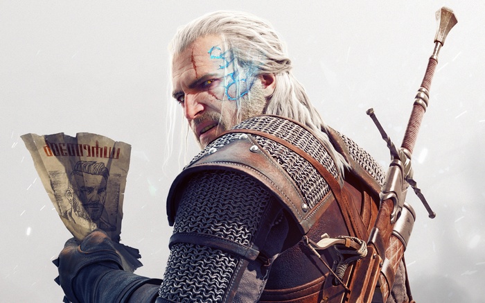 Geralt of Rivia holding a wanted poster in The Witcher 3