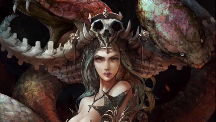 Fantasy art of a woman with a snake