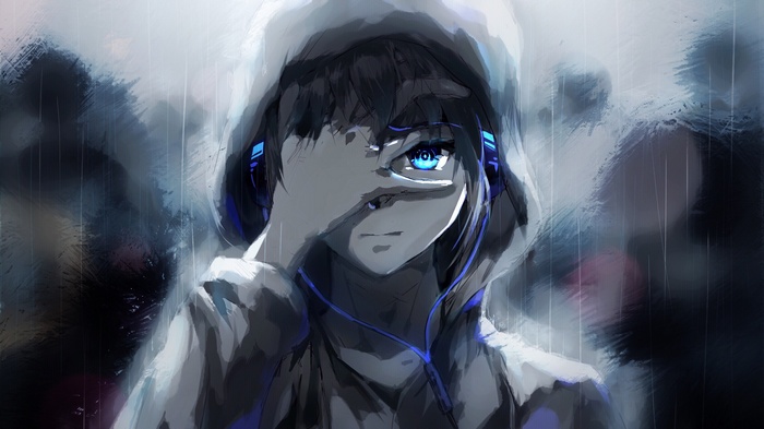 Anime boy with headphones in the rain