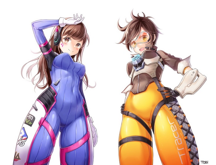 headphones, short hair, D.Va (Overwatch), Overwatch, Tracer (Overwatch), bodysuit, long hair, anime, anime girls