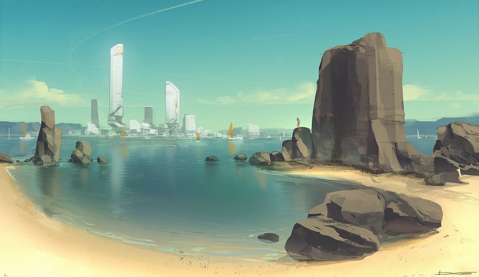 Science fiction city with futuristic towers on the coast