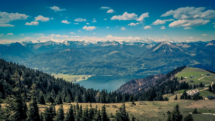Snow-capped mountains overlooking a lake and forest