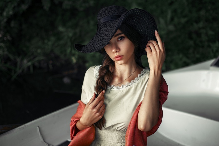 hat, portrait, women outdoors, dress, Maks Kuzin, women, scarf, millinery, face, braids, boat, brunette, juicy lips