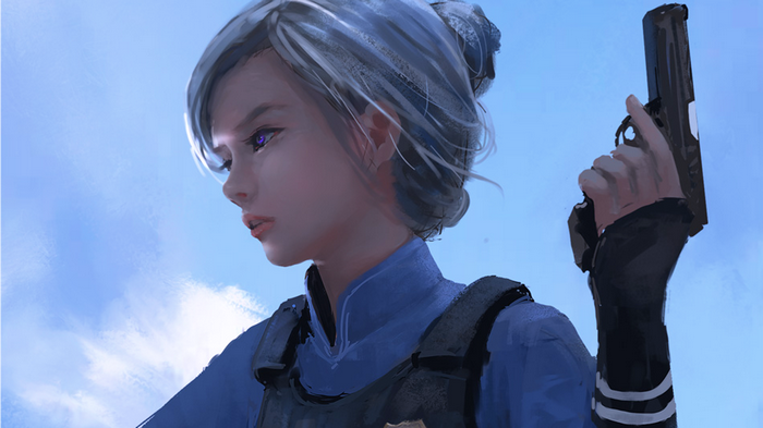 Judy Hopps holding a gun against a blue sky