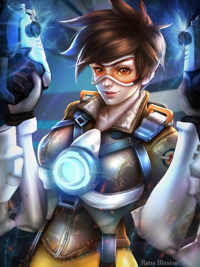 Tracer from Overwatch holding energy guns