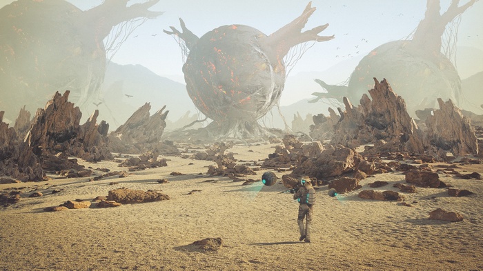 Futuristic soldier on an alien planet with giant trees