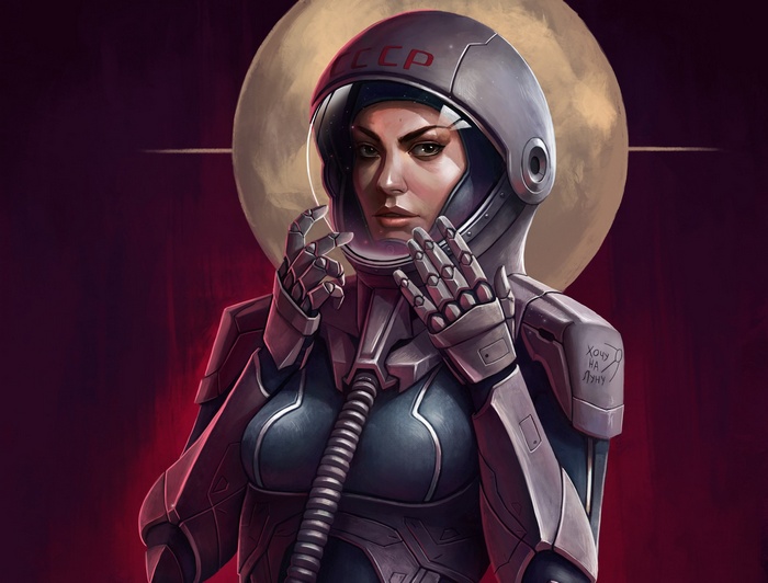 Artwork of a female astronaut in a USSR helmet
