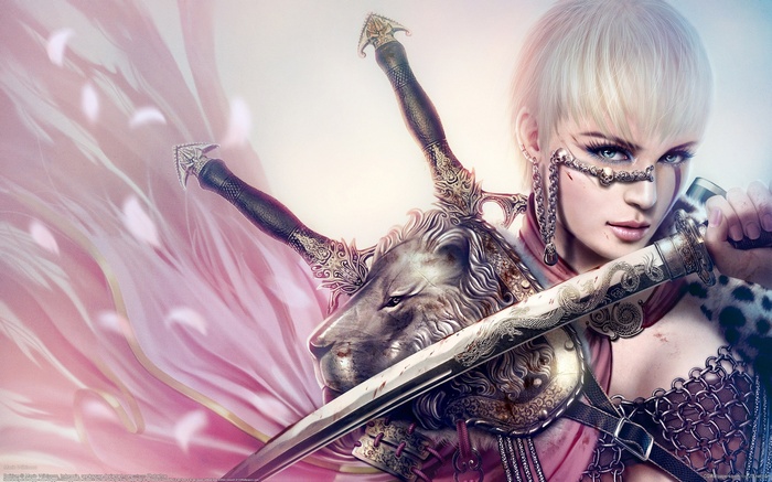 Fantasy warrior girl with lion armor and swords