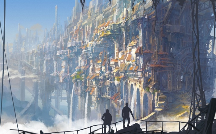 Fantasy city built on cliffs with waterfalls