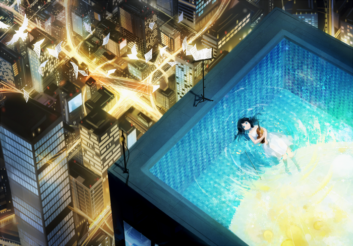 swimming pool, anime girls, long hair