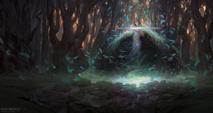 Artwork of a figure with a sword in a forest