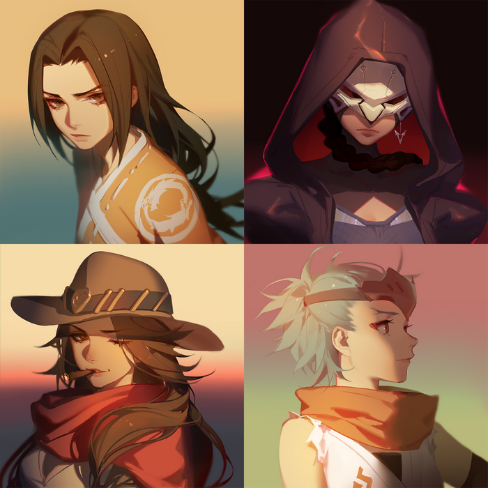 Overwatch Characters Collage: Hanzo, Reaper, McCree, Genji