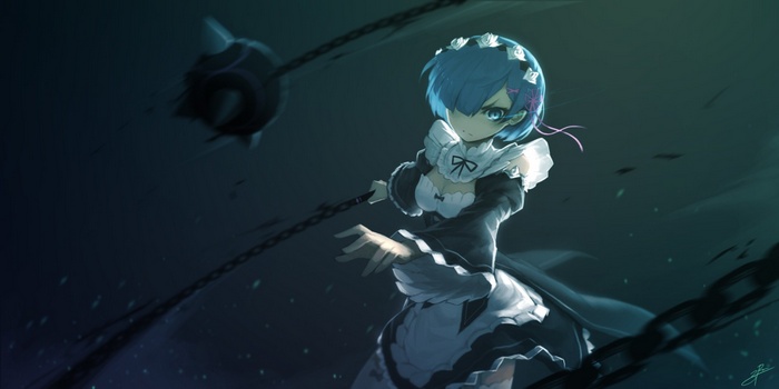 Rem from Re:Zero wielding a flail