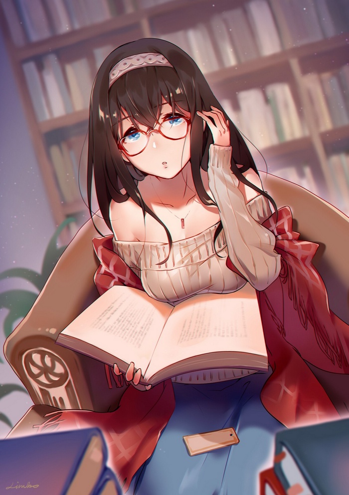 Sagisawa Fumika reading a book in a library
