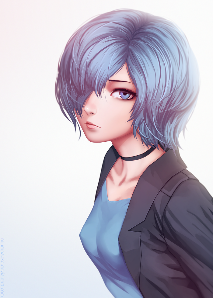 Touka Kirishima from Tokyo Ghoul with blue hair and eyes