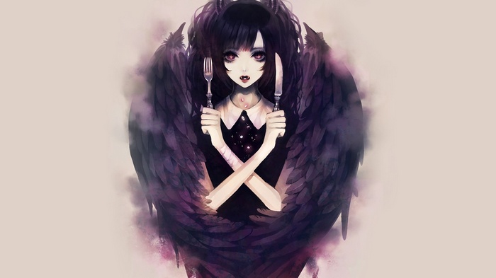 Anime girl with black wings holding a fork and knife