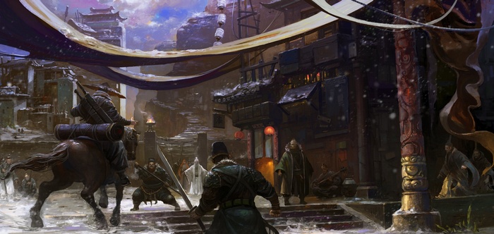 Artwork of a snowy village with people and a horse