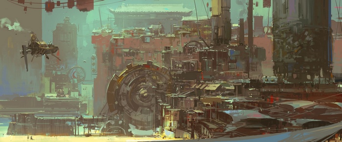 Futuristic industrial city with a flying vehicle