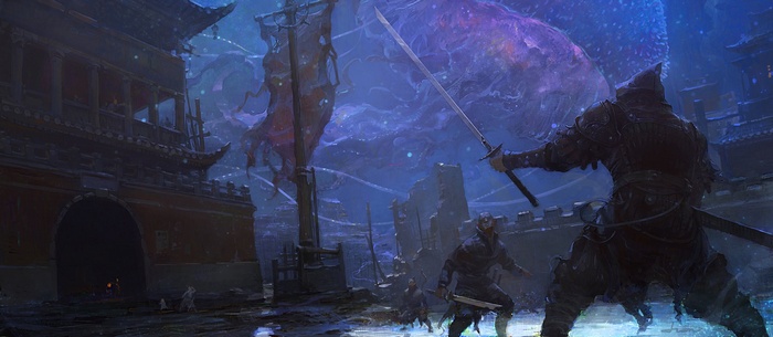 Warriors fighting under a cosmic sky