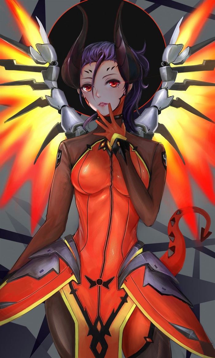 Mercy from Overwatch with horns and wings