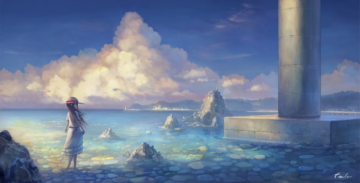 Anime girl in a hat by the sea with clouds
