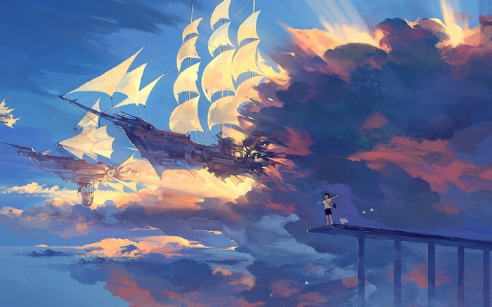 Anime airship sailing through clouds at sunset