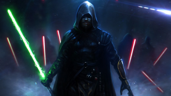 Luke Skywalker with green lightsaber and Sith with red lightsabers