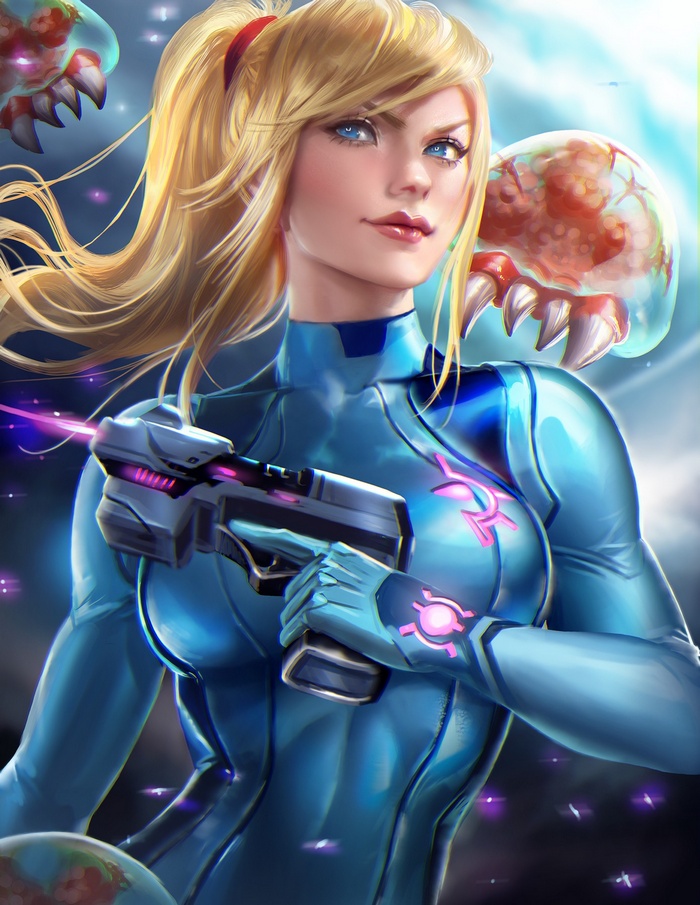 Samus Aran with Metroids in a blue suit