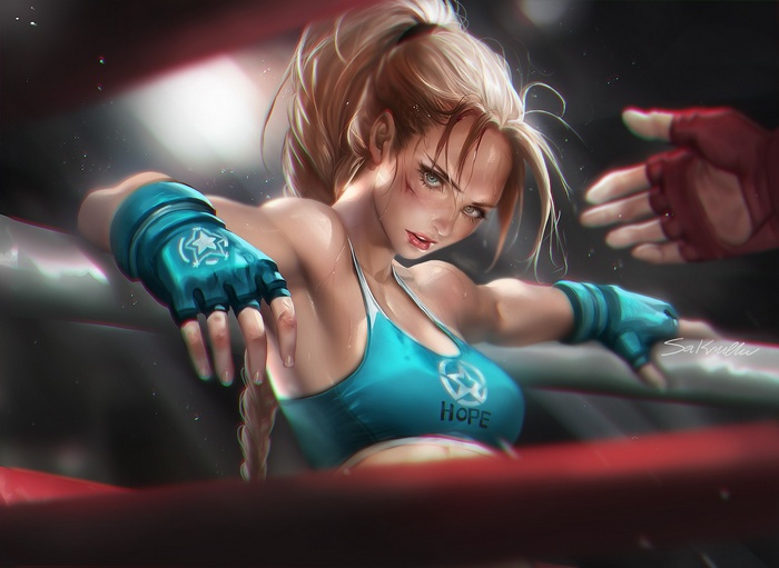 Sakimichan realistic female fighter in boxing ring