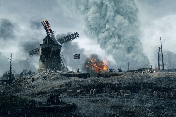 Battlefield 1 WWI scene with windmill and explosions