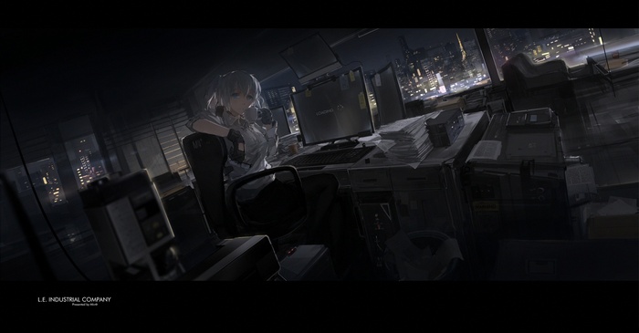 Anime girl with white twintails in an office at night