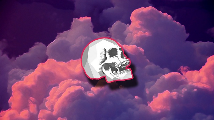 Skull in abstract pink and purple clouds
