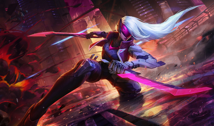 Project Katarina with pink daggers in a futuristic city